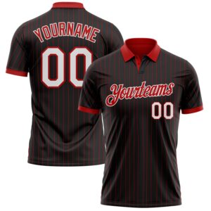 Custom Black Red Pinstripe-White Performance Polo Shirt