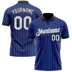 Custom Royal White Pinstripe Gray-Black Performance Polo Shirt